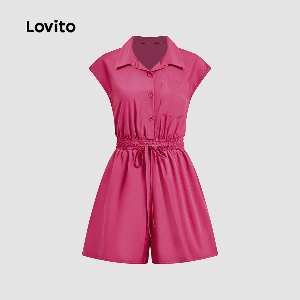 Detalhes do Lovito Macacão Elegante com Bolsos Pregueado Primavera/verão Macacão Vermelho Rosado para Mulheres L150ED008