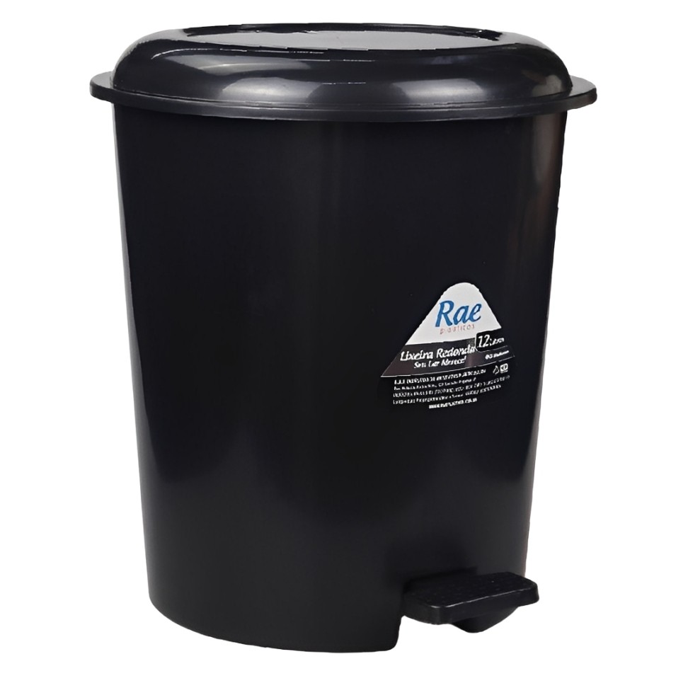 Lixeira Plástica redonda  12 Litros Preto com Pedal Marca Rae