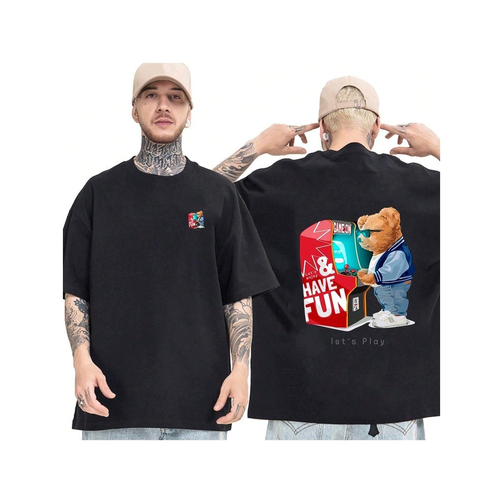 Camiseta OVERSIZED Preta StreetWear Gola em Ribanna Alta Plus Size Modelo: "HAVE FUN" ! !