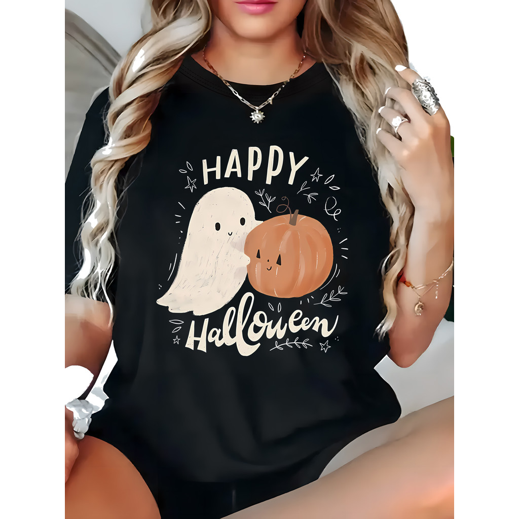 Camiseta Feminina Plus Size Confortável De Algodão Para Halloween Com Estampa De Fantasma E Abóbora E "Happy Halloween"