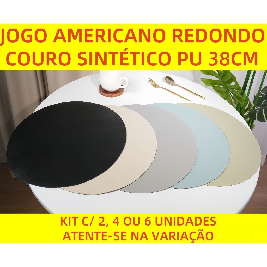 Jogo Americano Redondo Couro Sintético PU 38cm Antiderrapante Mesa Jantar Descanso Kit 2, 4 ou 6 Un