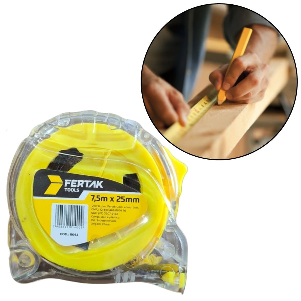 Trena Fita Métrica Transparente 7,5m x 25mm Com Presilha Para Cinto e Alça Fertak Visual Moderno Medição Obra