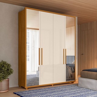 Guarda-Roupa Casal 4 Portas 3 Gavetas 100% MDF com Espelhos e Pés Greco Cinamomo/Off White em Oferta na Shopee