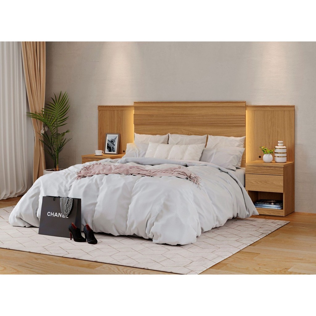 Cabeceira para Cama de Casal Extensível Casal / Queen / King com 2 mesa de Cabeceira 100% MDF Granada Freijó em Oferta na Shopee