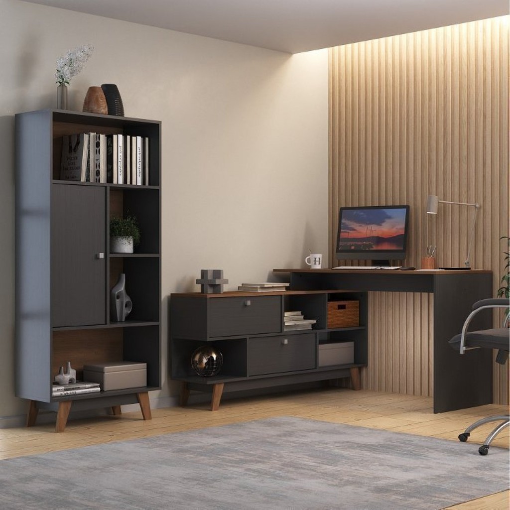 Kit 2 Peças Escrivaninha em L 120x136cm e Estante 1 Porta Retrô Nogal/Grafite em Oferta na Shopee
