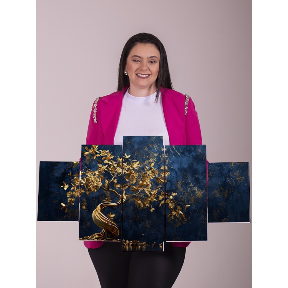 Quadro Decorativo Árvore da Vida Dourada 5 Peças Sala Quarto Moderno Luxo Parede