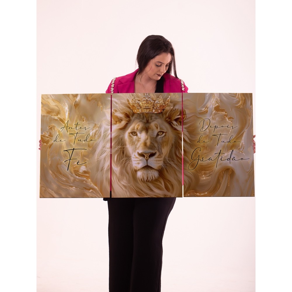 Quadro Decorativo Leão Branco Coroado 3 Peças Fé e Gratidão Luxo e Elegância para Sala ou Quarto
