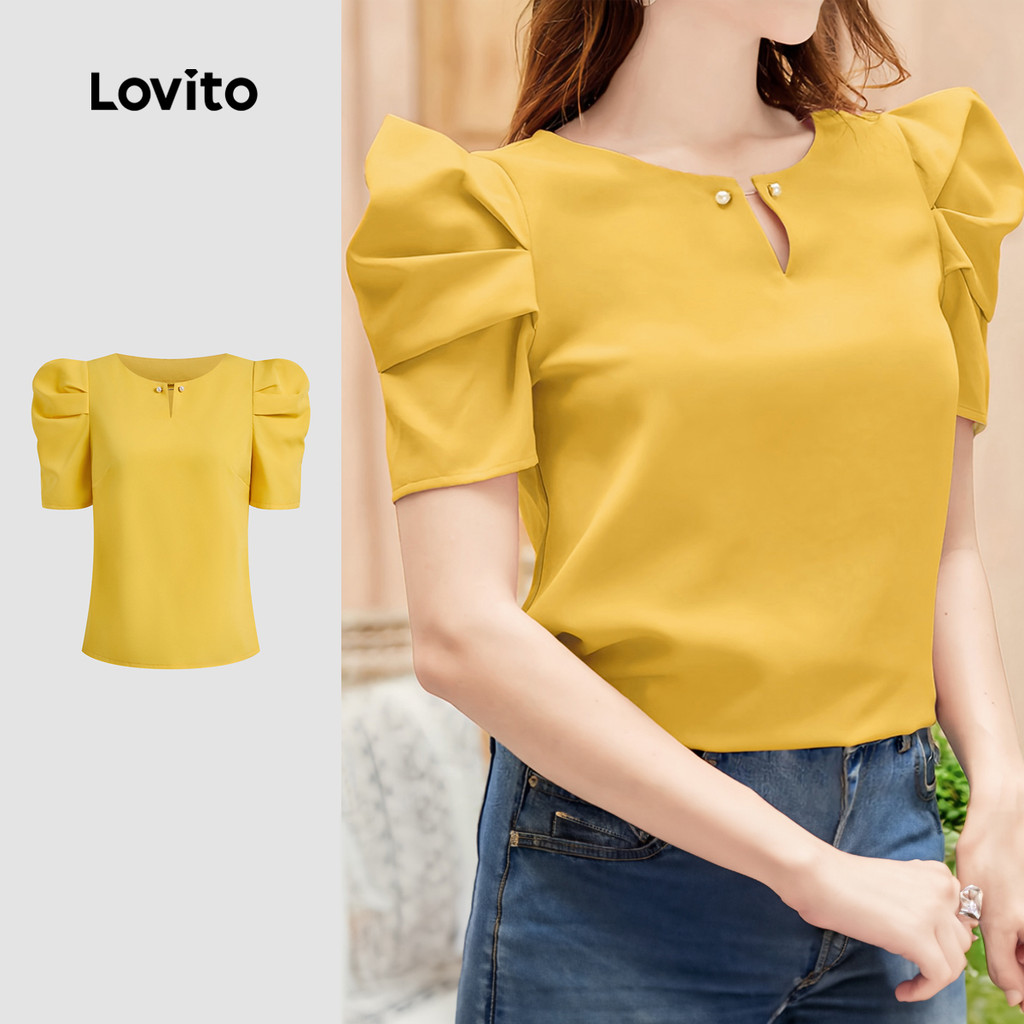 Lovito Blusa Casual com Fivela de Metal Linha de Estrutura Primavera/verão Blusa de açafrão L137ED577 em Oferta na Shopee