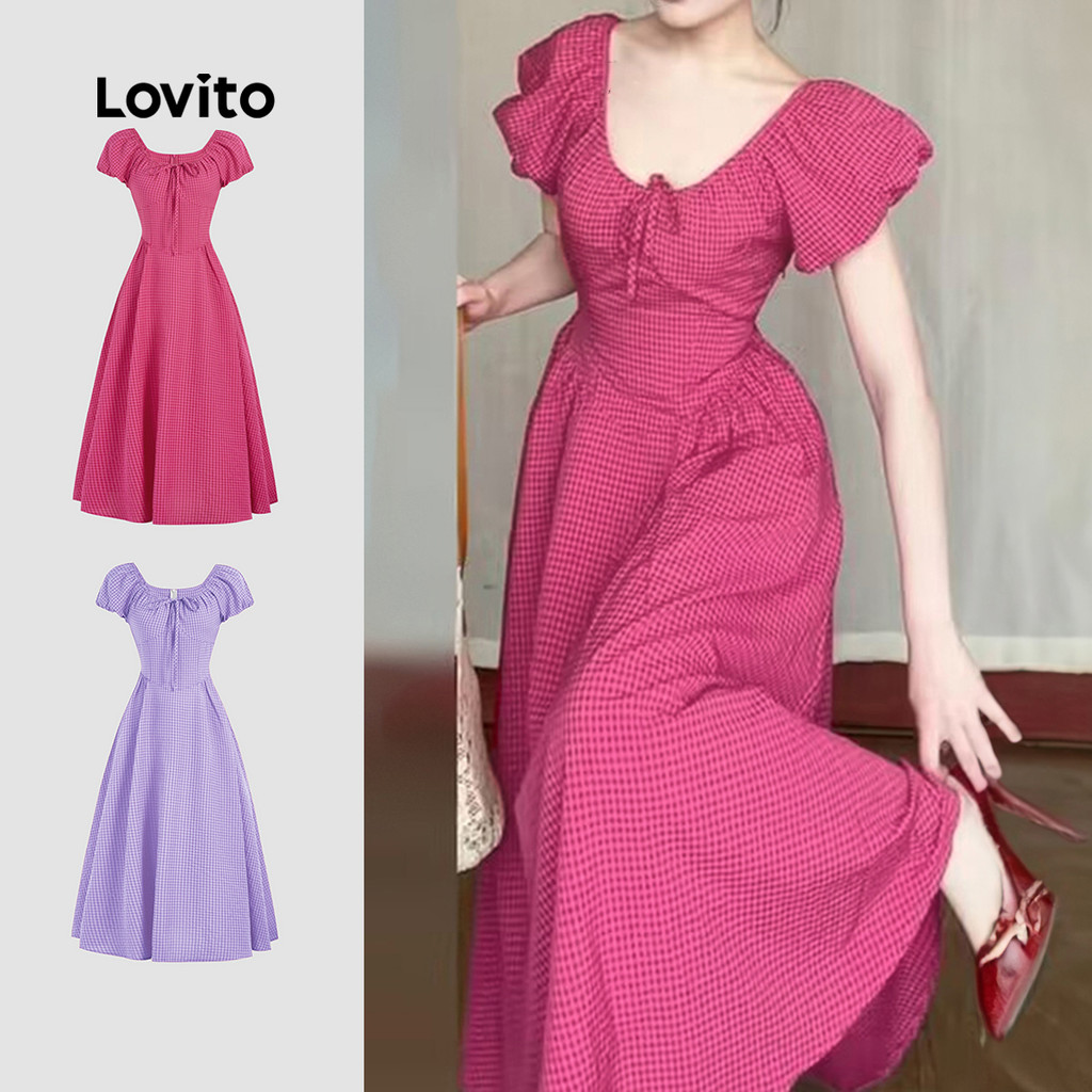Lovito Vestido Boho Feminino Xadrez Com Cadarço E Estrutura Mangas Bufantes Vestido De Verão/primavera L131LD1055 em Oferta na Shopee
