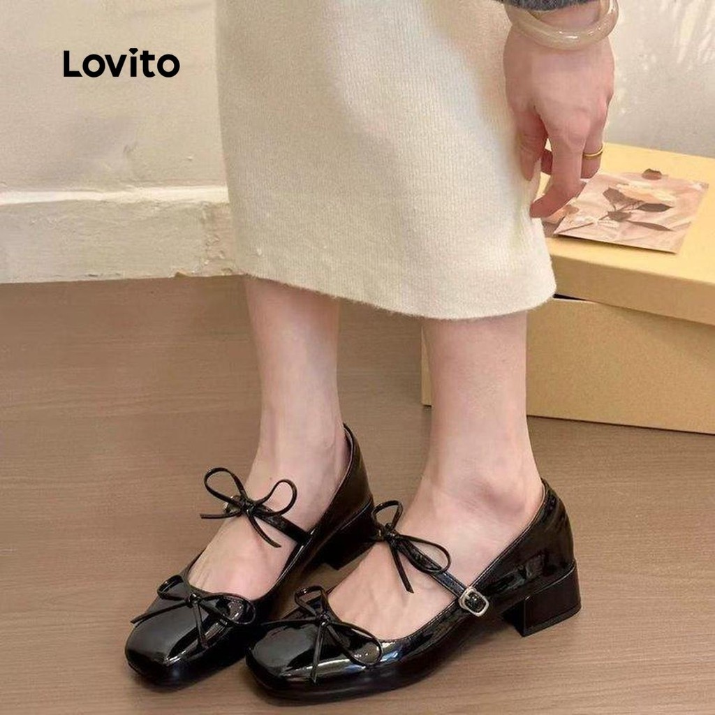 Detalhes do Lovito Elegante laço vermelho liso Mary Jane Vintage sapatilhas botões Mary Jane para mulheres LFA75061
