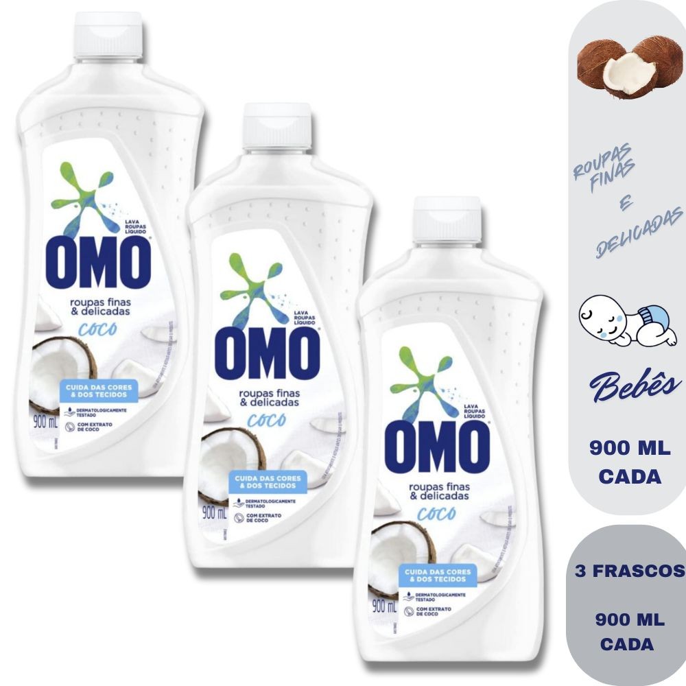 Kit 3 Lava Roupas Omo Roupas Finas e Delicadas - Sabão Líquido Coco 900Ml