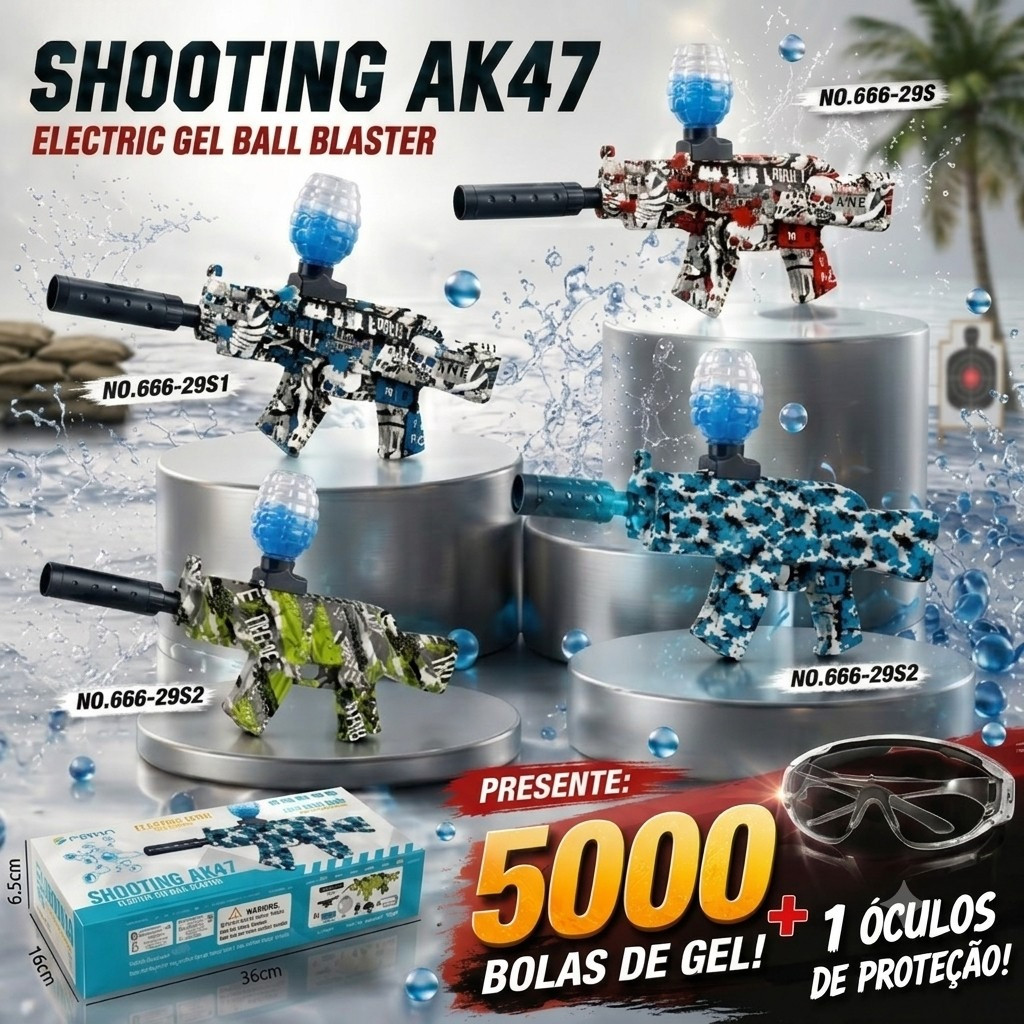 Pistola de gel elétrica AK-47/M4A1, incluindo 5000 cartuchos de munição e acessórios.