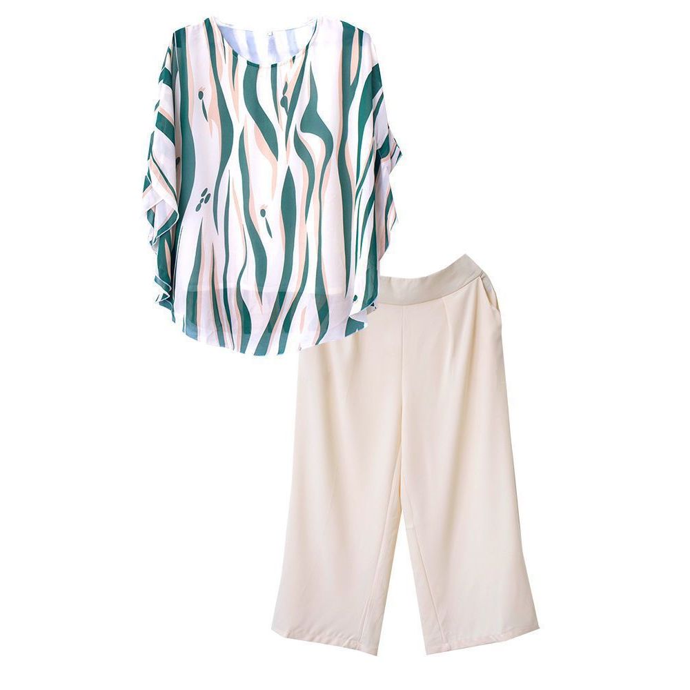 Nova Moda de Verão para Mulheres de Meia-Idade e Idosas: Conjunto Elegante de Chiffon em Duas Peças, Roupa Solta de Tama
