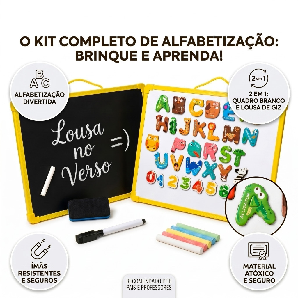 Brinquedo Pedagógico Educativo Alfabeto Magnético Bichinhos ABC Lousa Infantil 30 Peças Letras Imã Didático