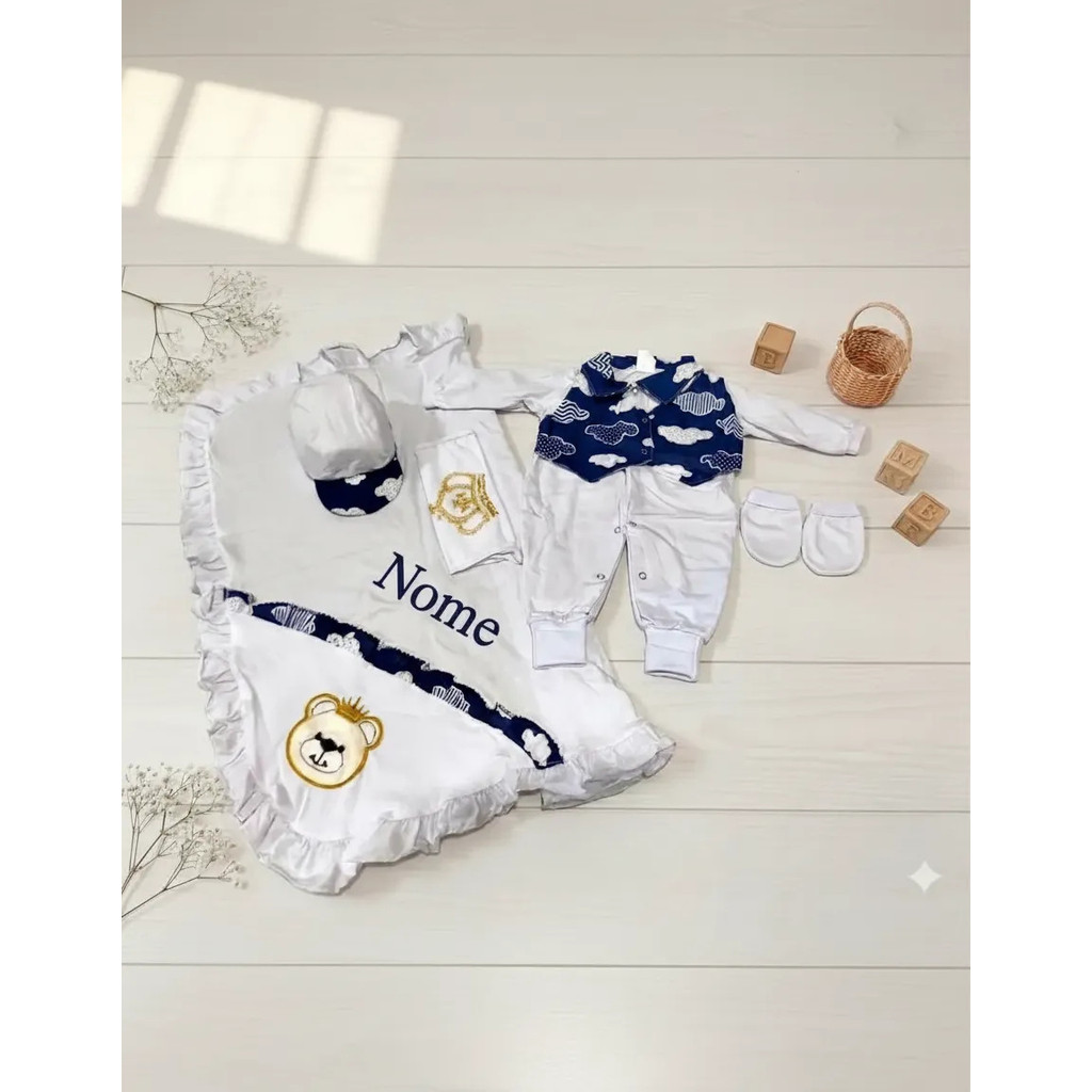 Kit Saída Maternidade Menino Azul Marinho Com Nome Nuvem