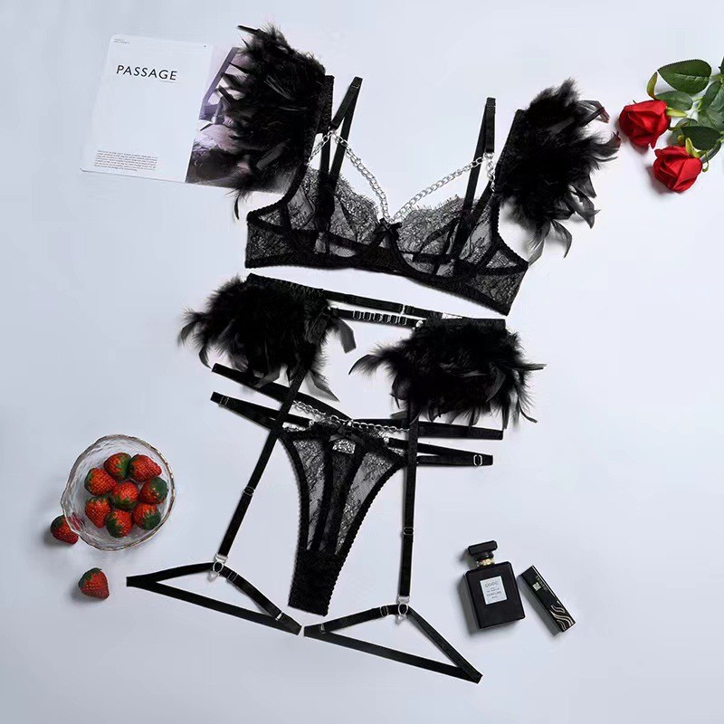 Biquíni complexo artesanato corrente de Metal renda pena renda cílios roupa íntima conjunto de quatro-5 peças