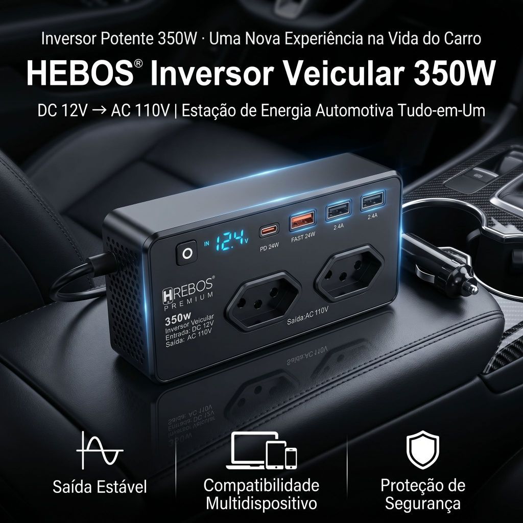 HREBOS x HEYOO 350W Inversor de carro seguro e estável com soquete padrão nacional do Brasil Carga rápida USB