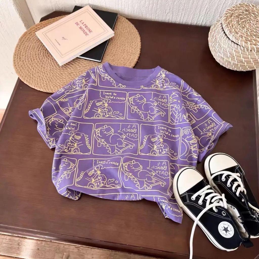 Crianças puro algodão de manga curta 2026 verão novo estilo bonito roxo quadrinhos dinossauro camiseta moda impressa cri