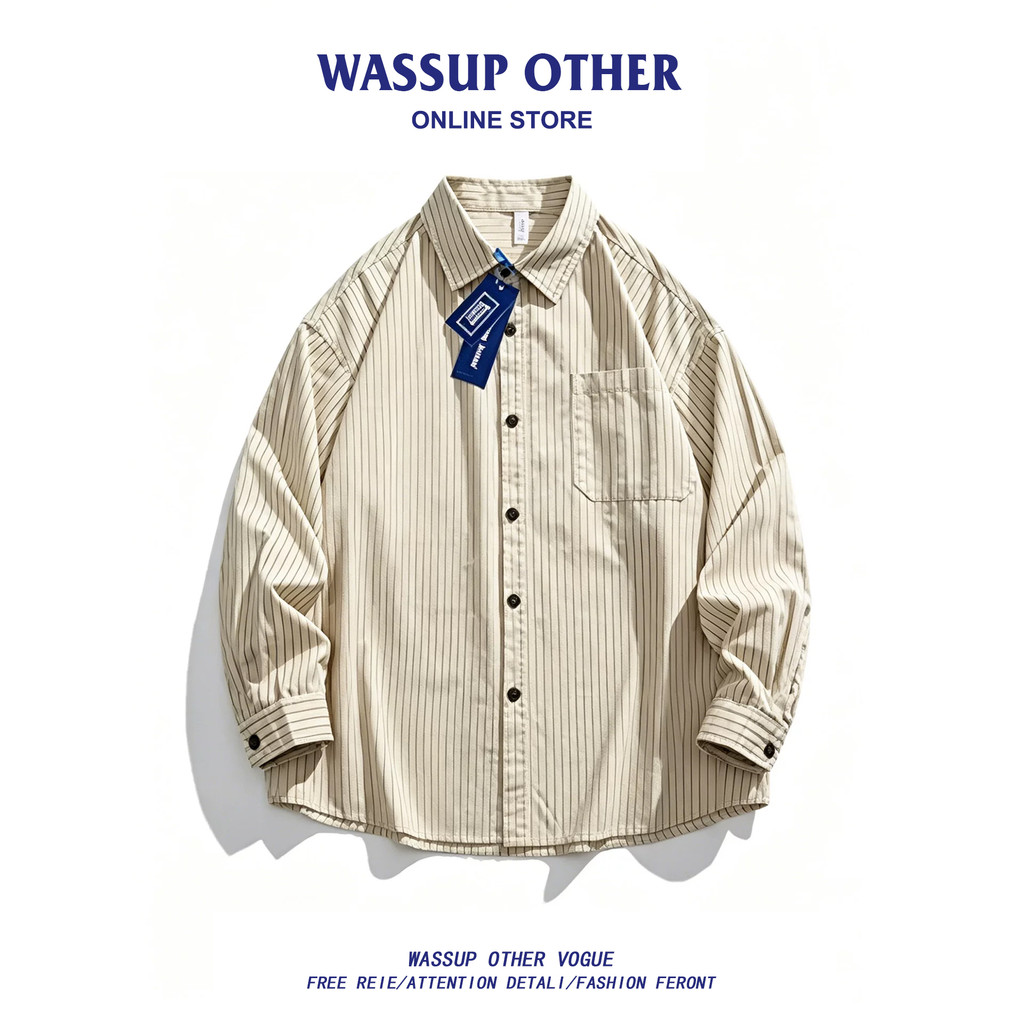 WASSUP ISSUE Camisa japonesa listrada de algodão puro masculina verão Street Wear solta Casual camisa de manga comprida