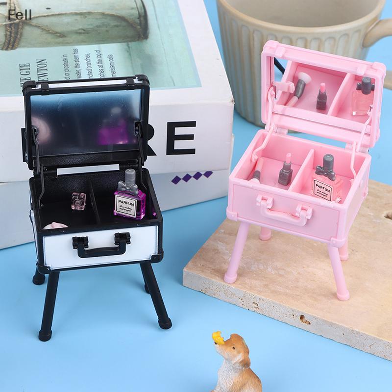 [Fel] 1 Conjunto 1 : 12 Casa De Bonecas Mini Vaidade Caso Lipsti Perfume Almofada De Ar Espelho Com Suporte Móveis Decor