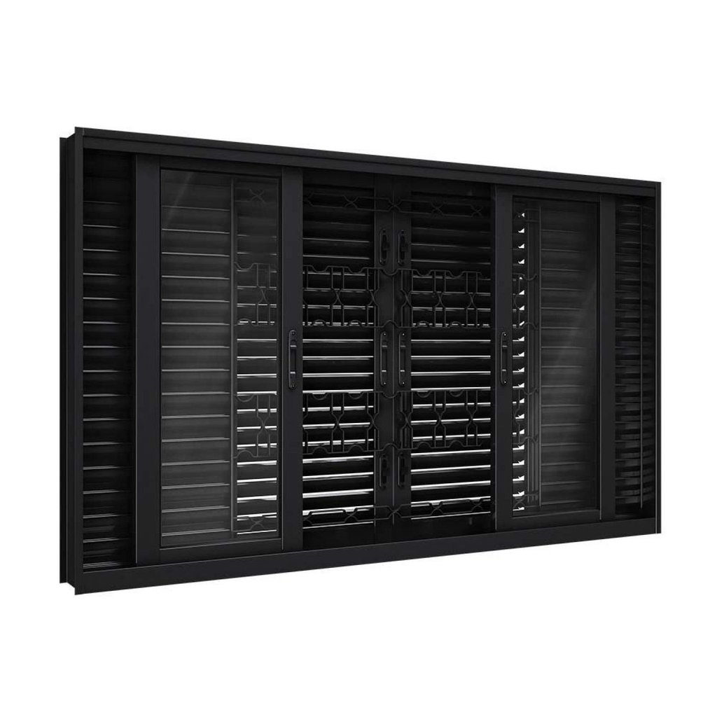 Janela de Aço Veneziana Flex com Grade Mosaico 6 Folhas 120x150cm Facilitá Lucasa Preto