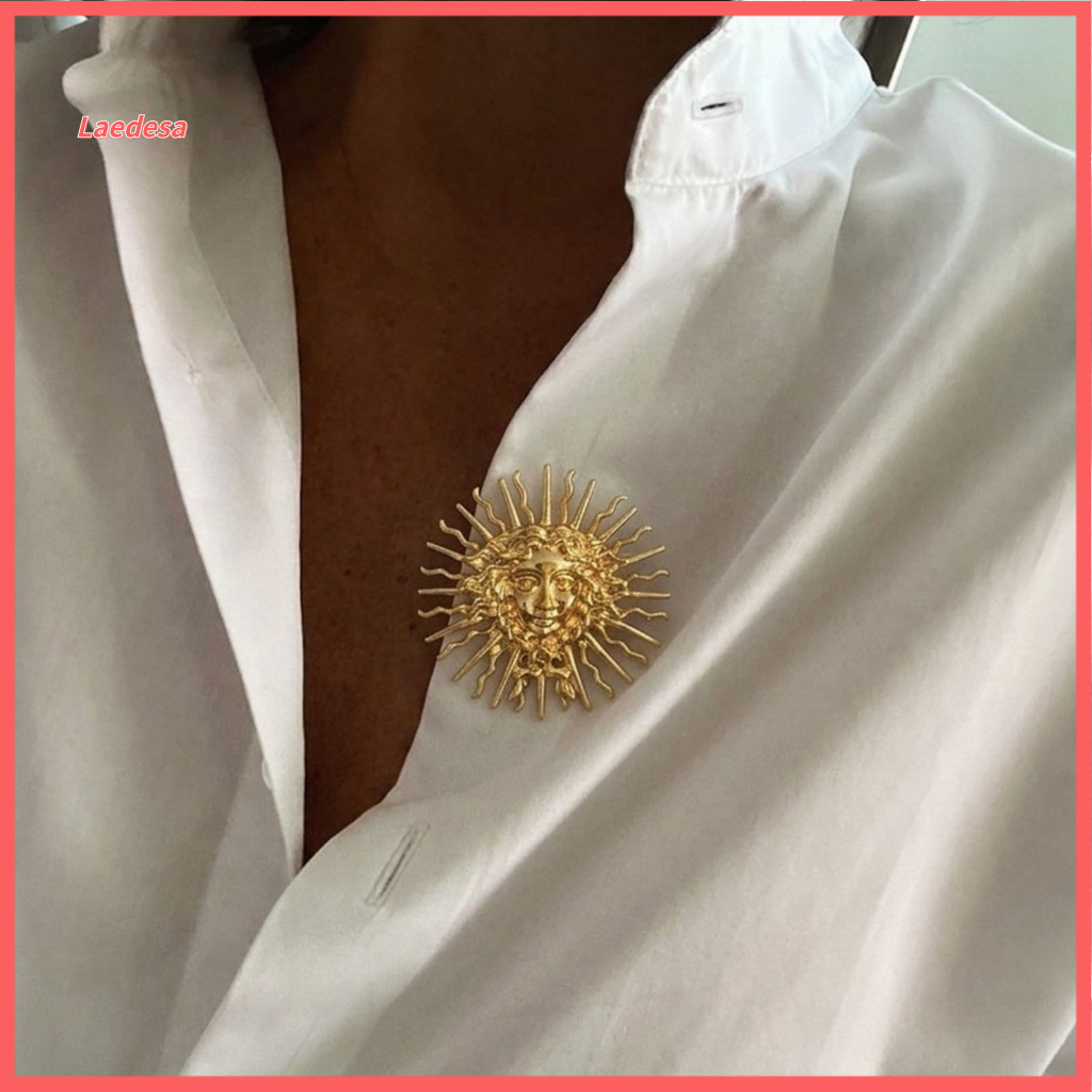 Sweater Brooch Clip Gold Sun Coral for Women – Vintage Abstract Geometric Pin Tone Metal Corsage Badge for Coat Scarf