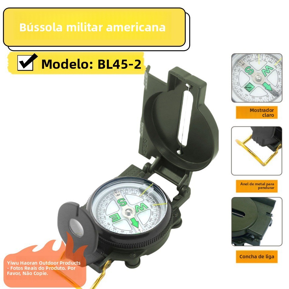 Bússola Multifuncional Americana DC45-2A de Qualidade Profissional, Bússola Metálica Verde Militar para Viagens ao Ar Li