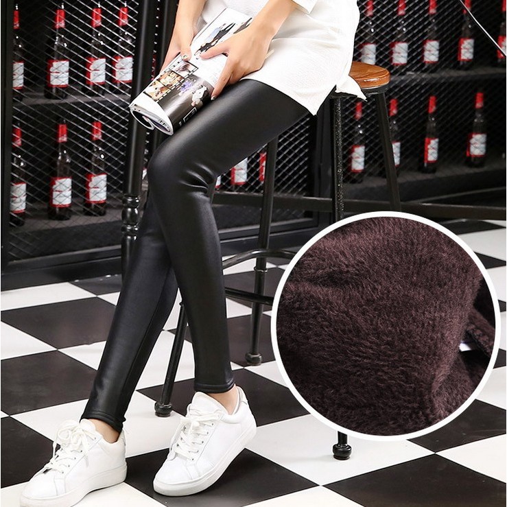 Outono inverno Leggings calças magras preto calças de couro falso exterior usar mais magro olhar forro de lã engrossado