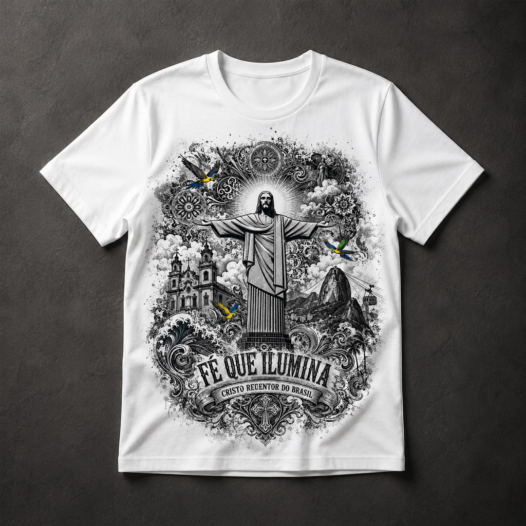 Camiseta Fé que Ilumina Cristo Redentor do Brasil Religioso Rio