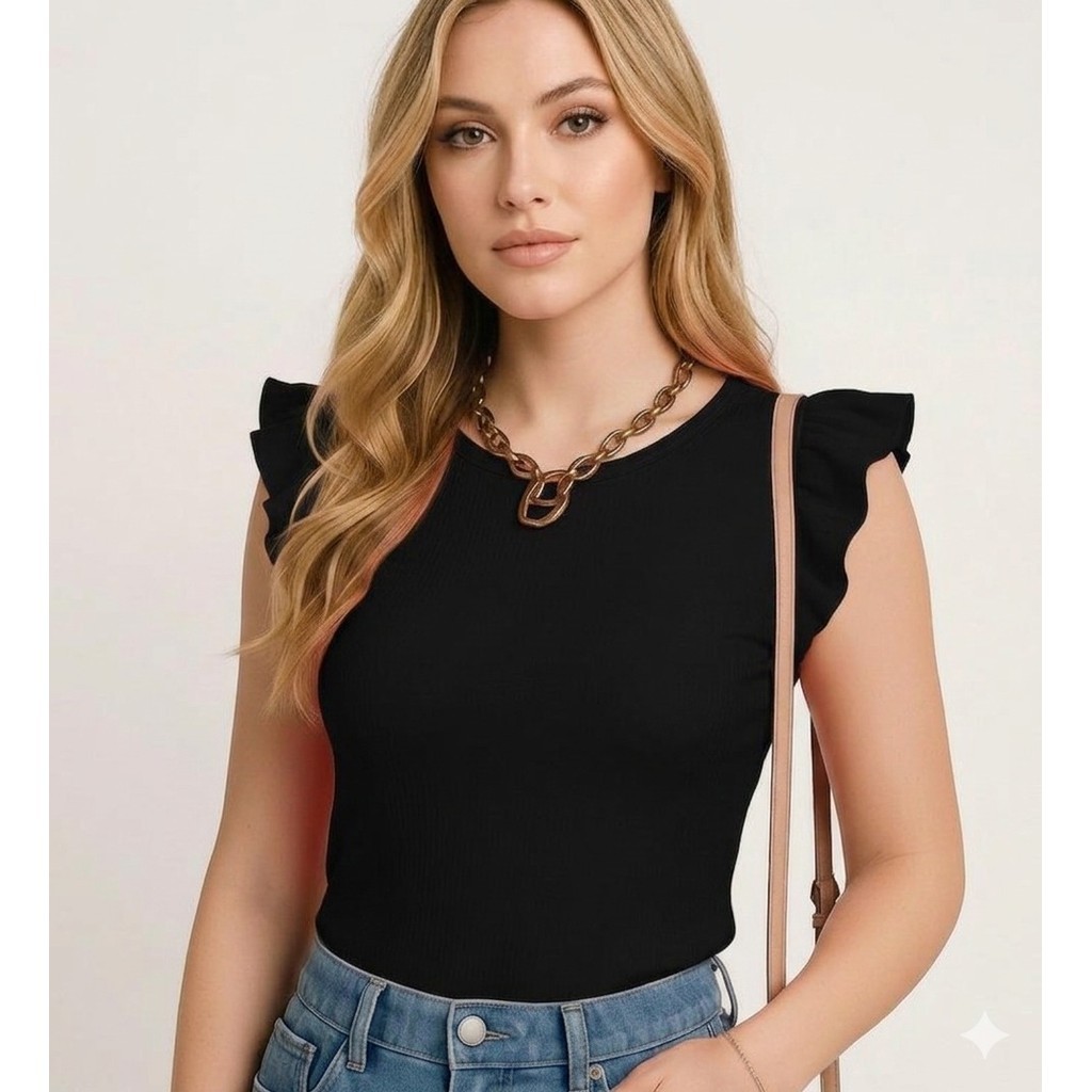 blusa feminina canelada manga curta babado elastano perfeito corpo top pratica