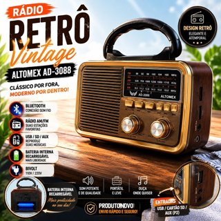 Rádio Retrô Vintage Altomex AD-3088 Bluetooth AM FM USB Cartão SD AUX Bivolt Recarregável Portátil