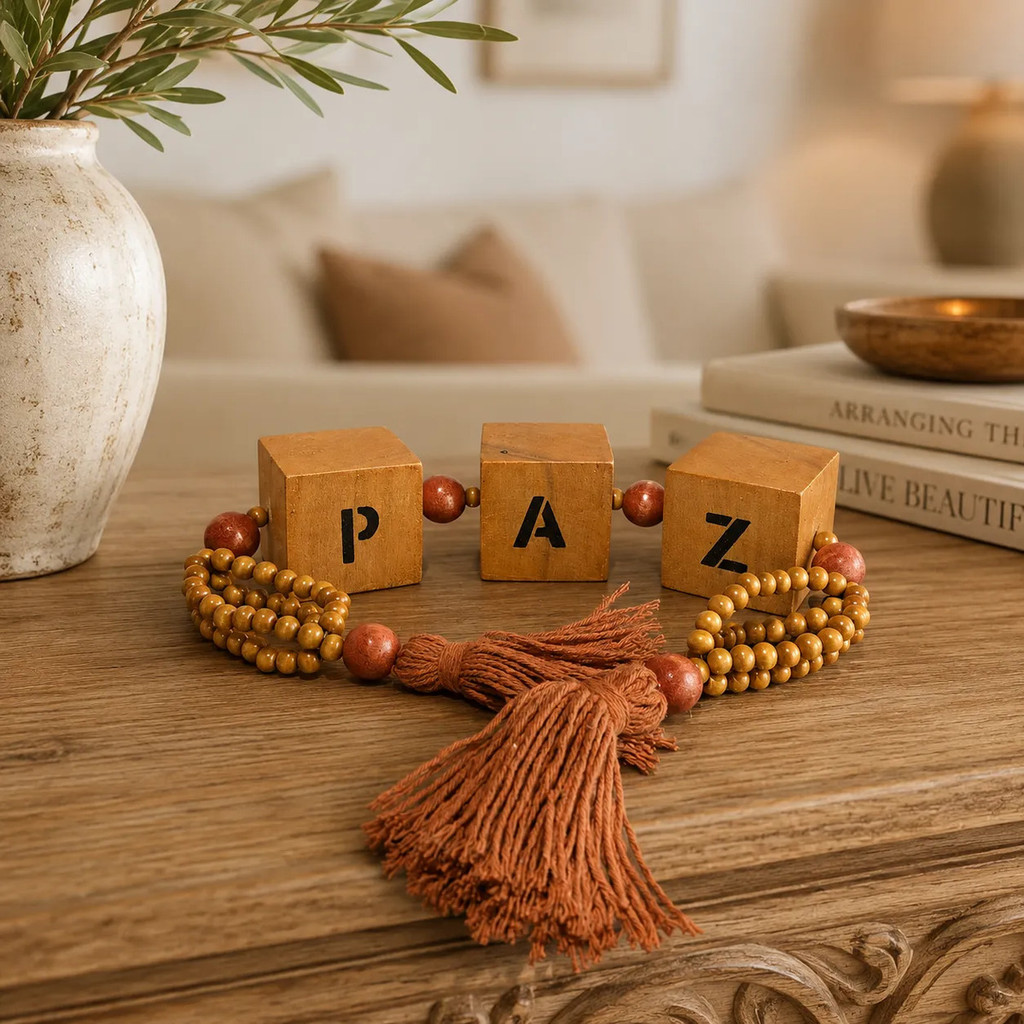 Colar de Mesa Cubos em Madeira Paz com Tassel Artesanal (TM2825PCF1.32)