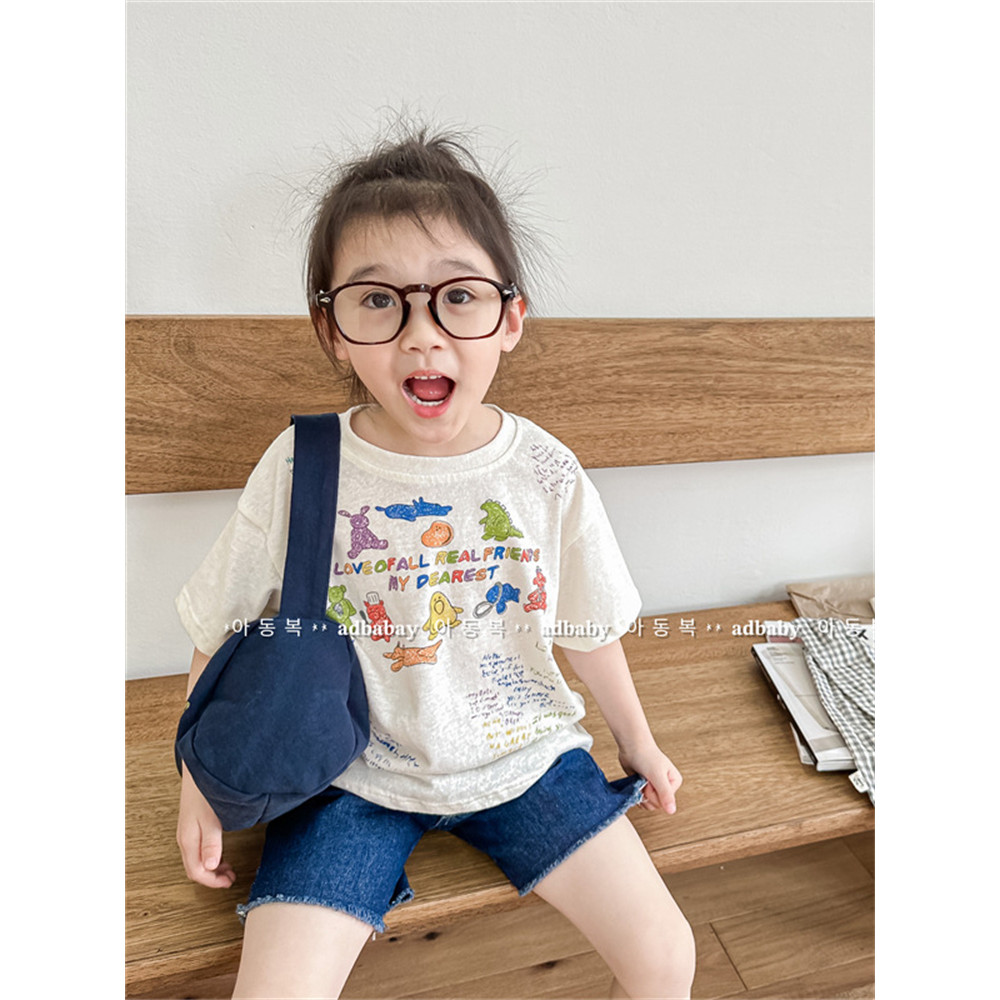 Crianças algodão dos desenhos animados impresso camiseta de manga curta verão versão coreana meninos meninas solto único