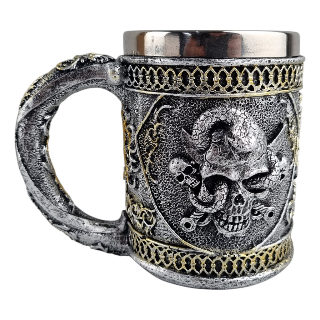 Caneca Medieval Artesanal  Caveira de Aço Geek 3D em Resina Copo em Aço Inox Grande Térmico Chopp Cerveja Presente 400ml