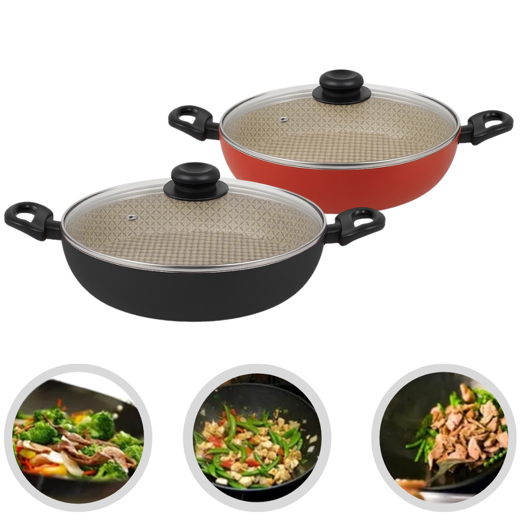 Frigideira Wok Antiaderente Nº28 2 Alças + Tampa de Vidro - Espátula Inclusa