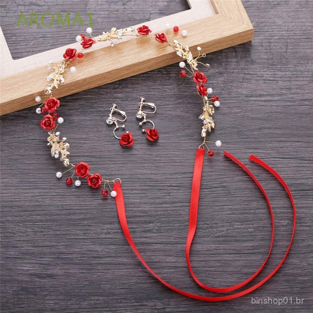 AROMA1 Noiva Hairband Brinco Conjunto Dama De Honra Bandana Artesanal Elegante Cocar Rosa Flor Tiaras Pérola