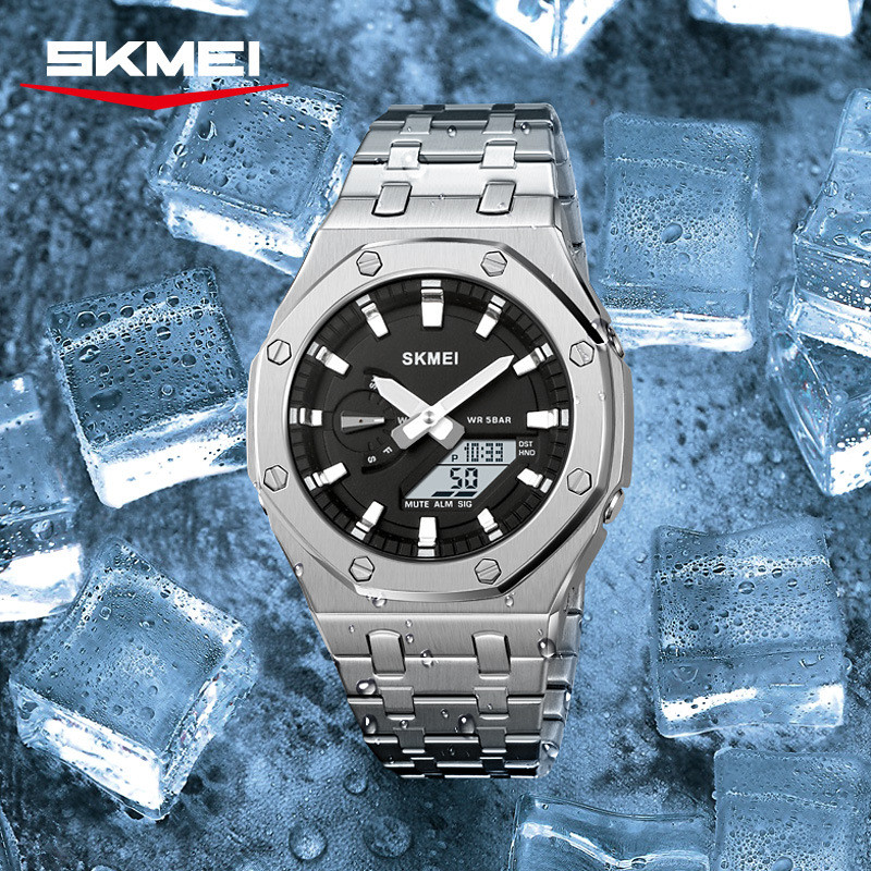 SKMEI moda masculina pulseira de aço relógio de pulso negócios Casual multi-função relógio eletrônico multi-conjunto des