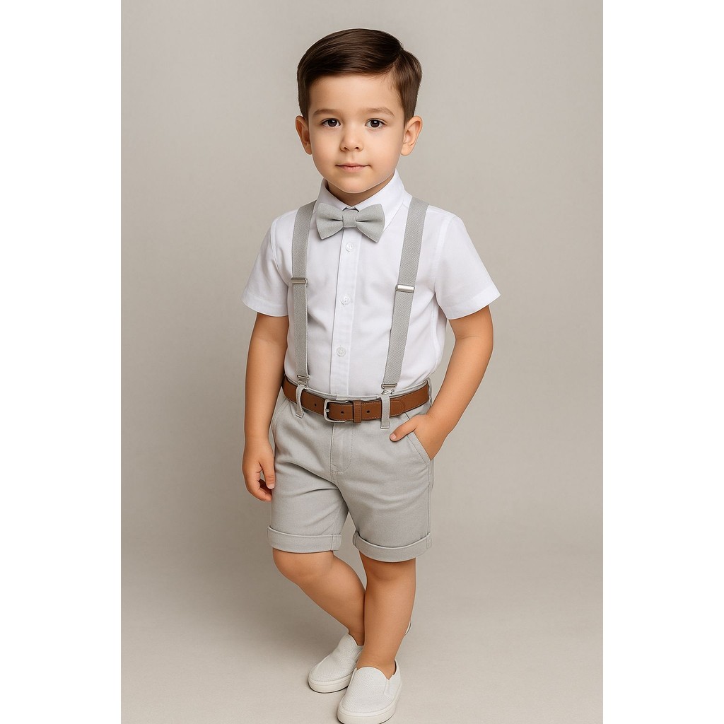 Conjunto Roupa Social Bermuda Cinza Cinto Suspensório Camisa Branca Gravata Formatura Pajem Casamento Festa