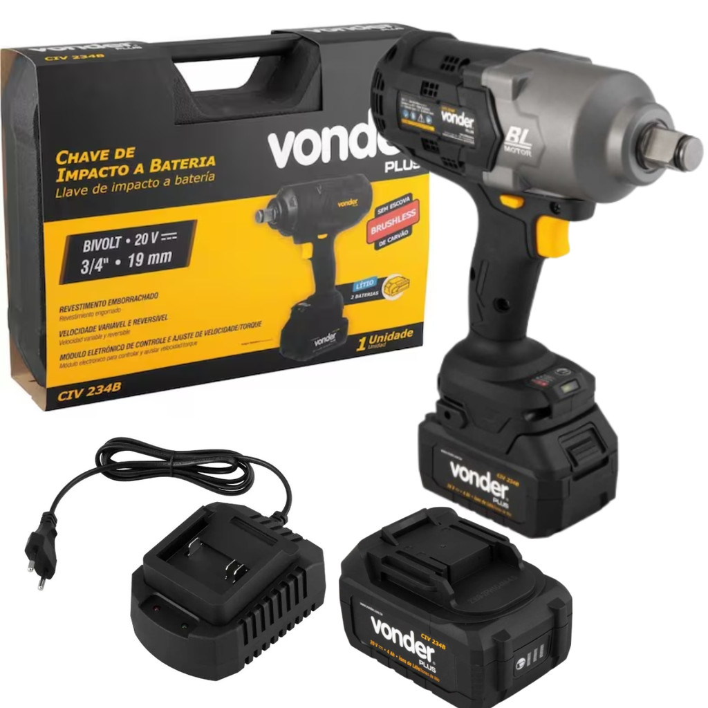 Chave de Impacto 3/4 a Bateria 20V CIV234B Profissional Vonder Plus 3 Niveis de Torque 1280Nm e Reversão de 1700Nm Motor