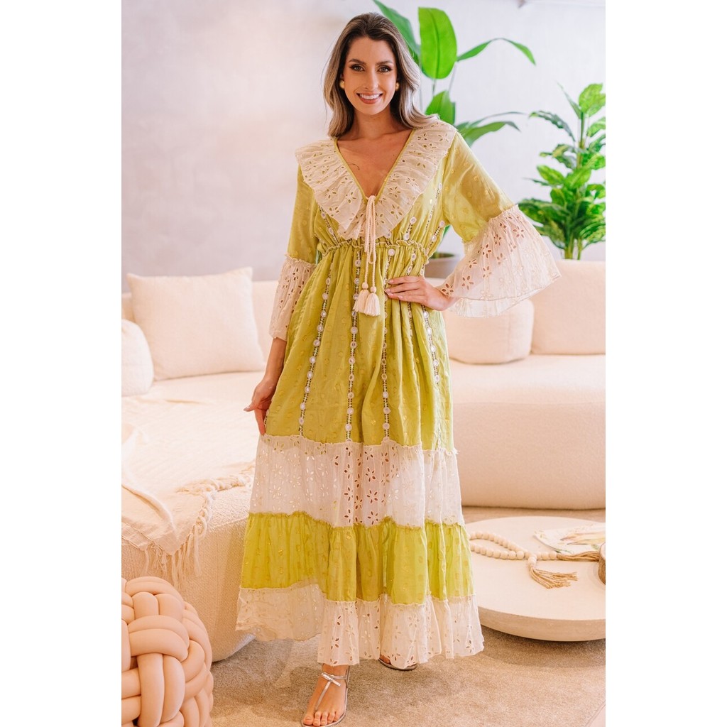 Vestido Longo Indiano Boho Chic Feminino com Babados, Renda Bordada, Decote V Ajustável com Tassel e Manga Flare-7005 em Oferta na Shopee