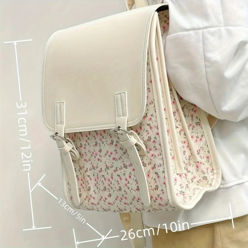 Mochila Feminina com Estampa Floral e Couro PU, Leve, Estilo Casual, com Fecho de Fivela, Elegante para Faculdade, Escol