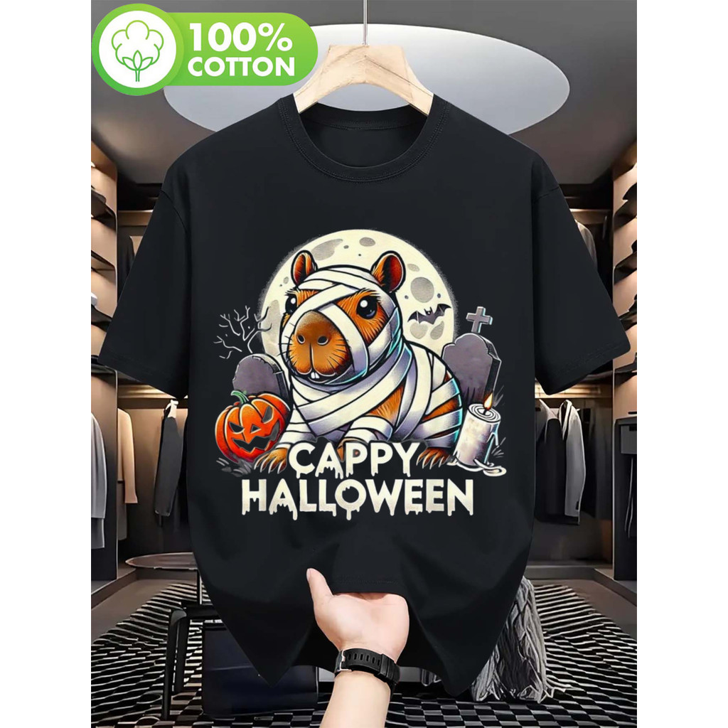 Bonito Camiseta Estampada De Múmia Capivara De Halloween, Camiseta Masculina De Algodão Confortável Tamanho Grande