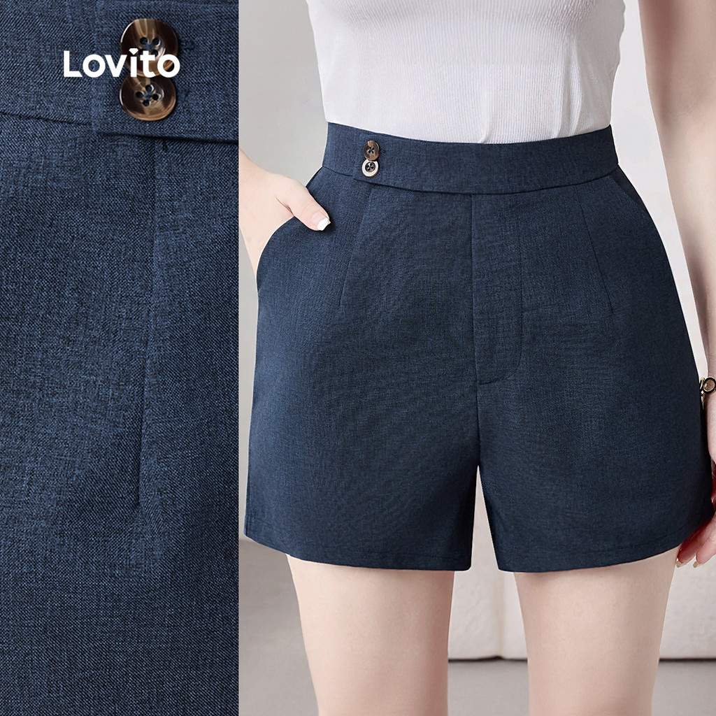 Lovito Shorts Casuais De Verão/primavera Com Botões Azul Escuro Para Mulheres L150AD781 em Oferta na Shopee