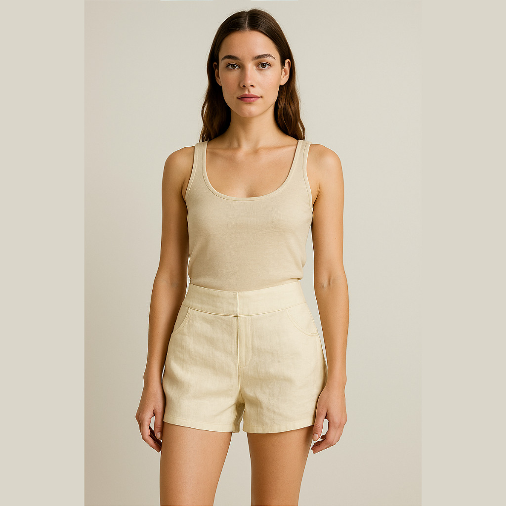 SHORTS CURTO EM LINHO FEMININO CINTURA ALTA COM BOLSOS FRENTE E COSTAS TAMANHO 36