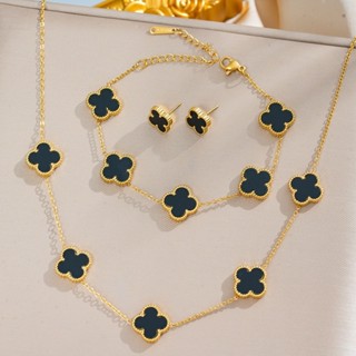 Conjunto de três peças de colar, pulseira e brincos de trevo de quatro folhas em aço titânio 18K. Folheado de madrepérol em Oferta na Shopee