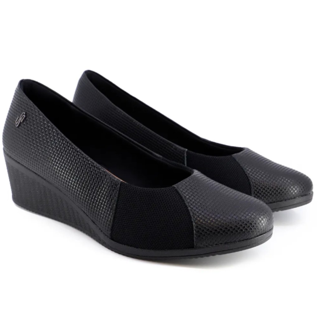 Sapato Anabela Couro Preto Feminino Laterais Elásticas e Salto Médio Usaflex AA3813001