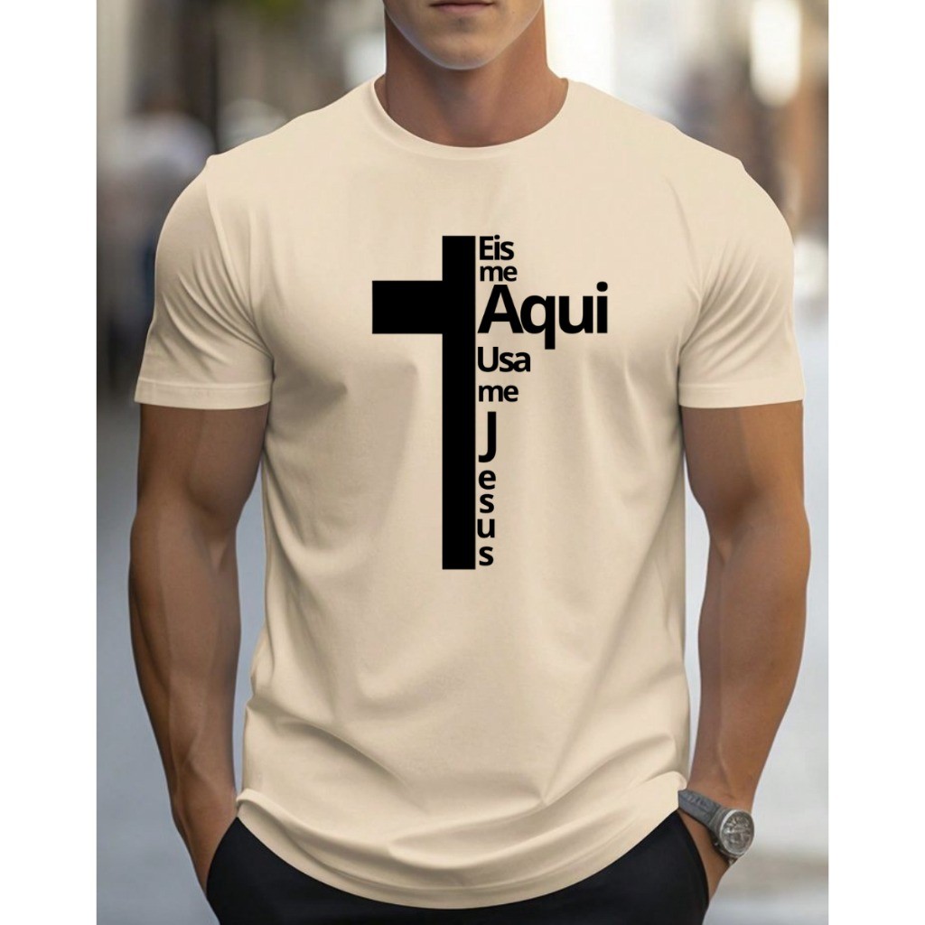 Camiseta Masculina Estampada Camiseta Casual Moderna Estilo Religioso Eis me Aqui Jesus em Oferta na Shopee