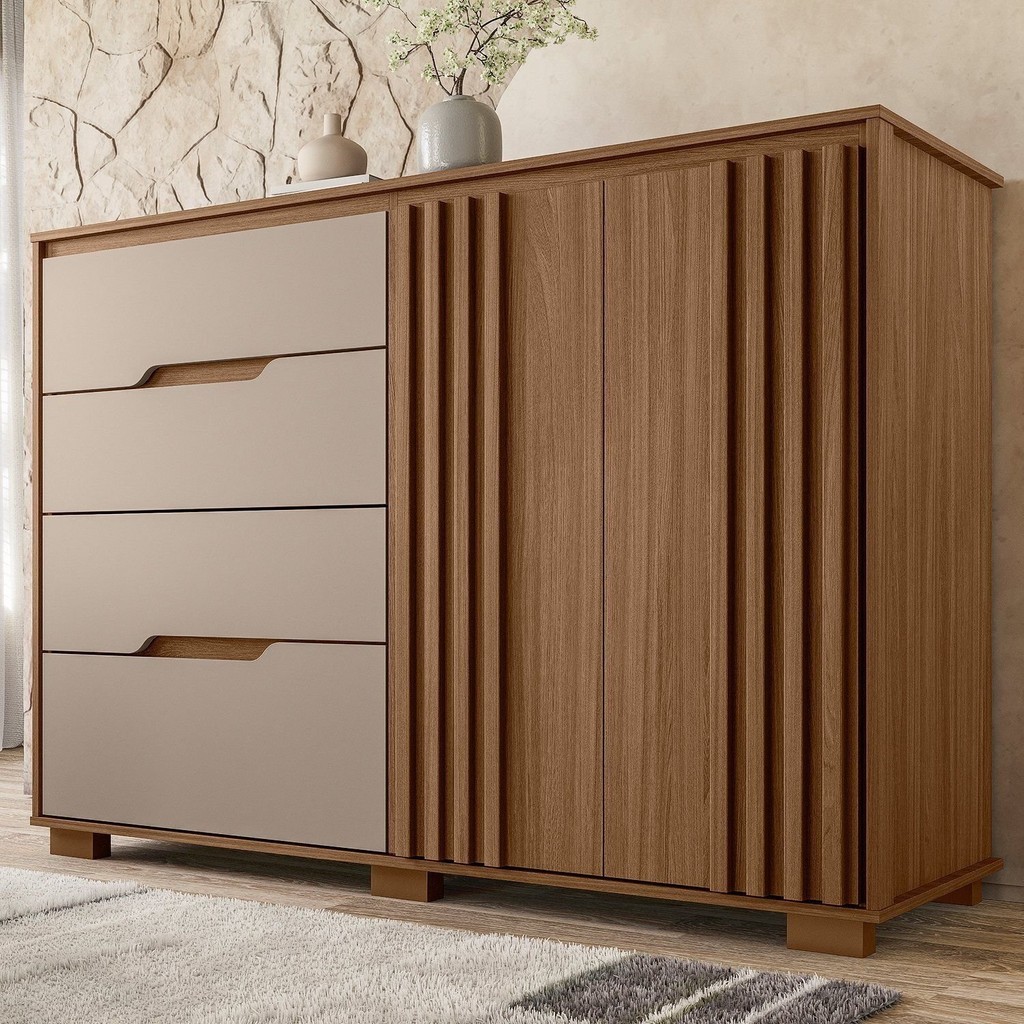 Cômoda para Quarto 4 Gavetas 2 Portas 147cm Texas Carvalho/Fendi em Oferta na Shopee