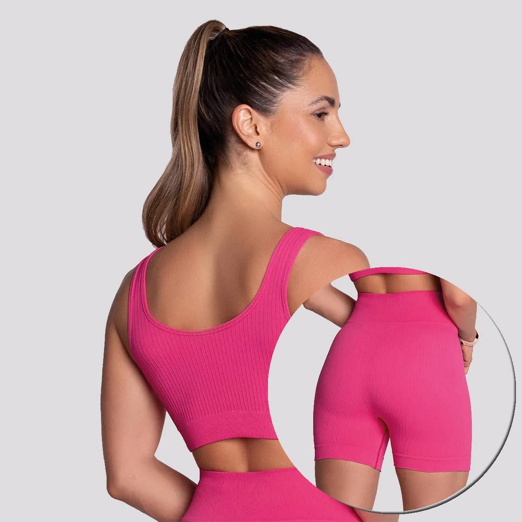 Conjunto Top e Shorts Selene Canelado Sem Costura Feminino Rosa