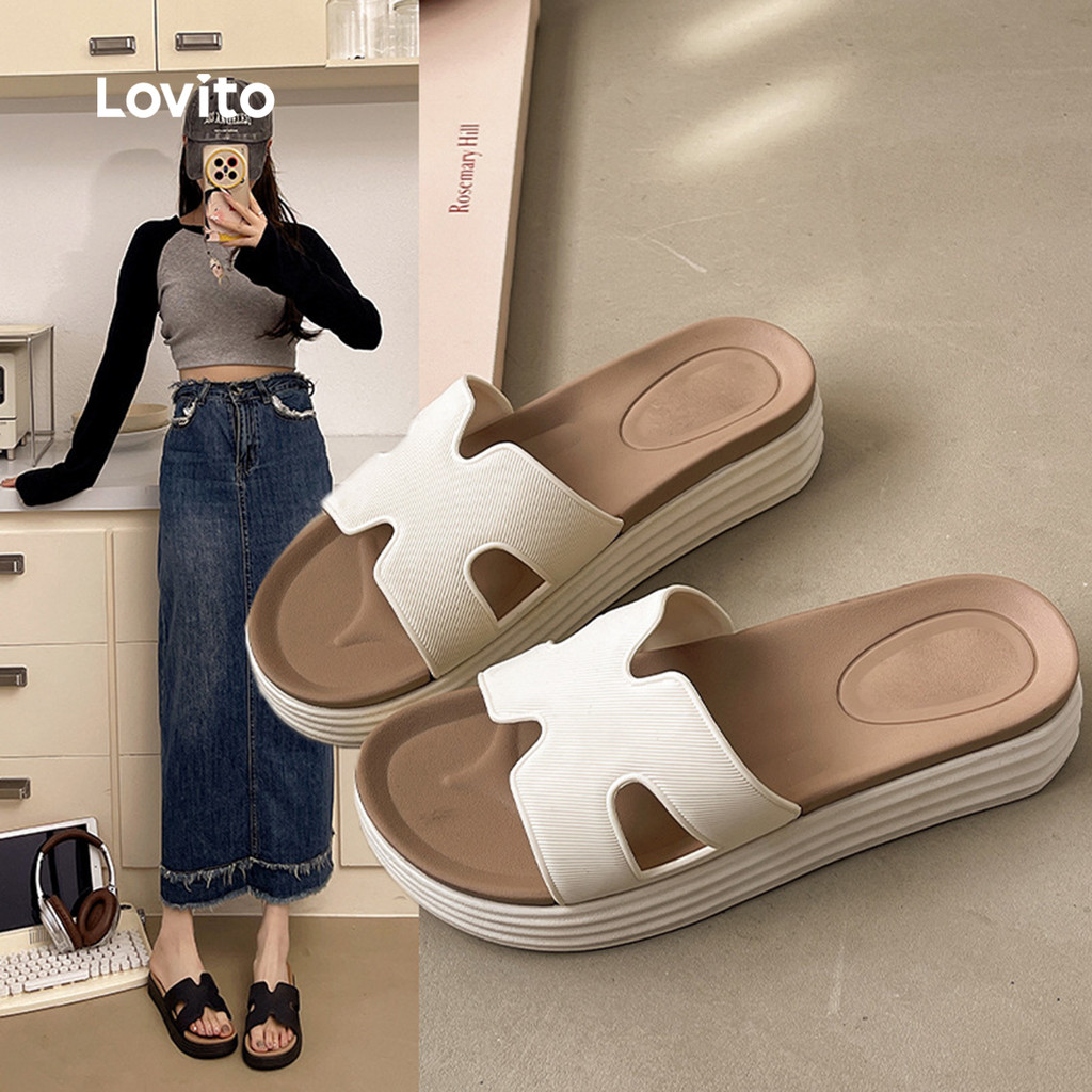 Lovito Sandálias Planas de Textura Elegante para Mulheres LFA97039 em Oferta na Shopee